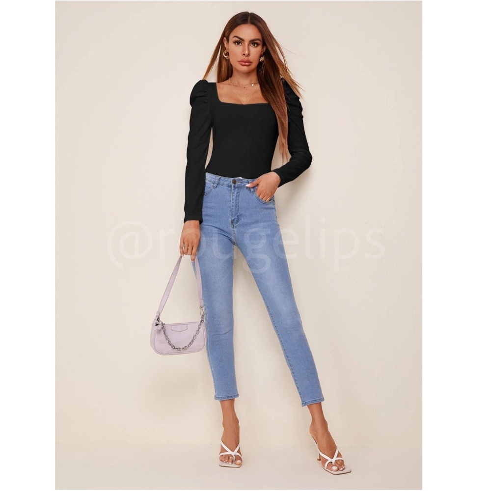 Black Rib Knit Square Neck Puff Long Sleeve Slim Fit Shirt Top - Picture 3 of 6